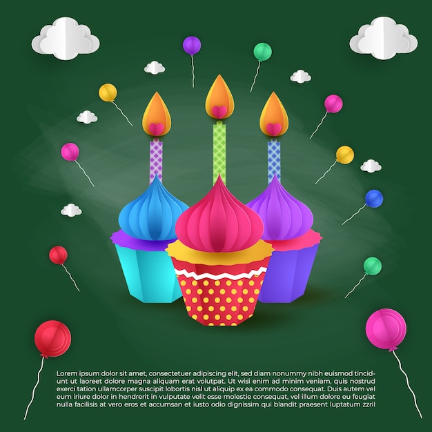 Vector ilustración de arte de papel feliz cumpleaños estilo lindo