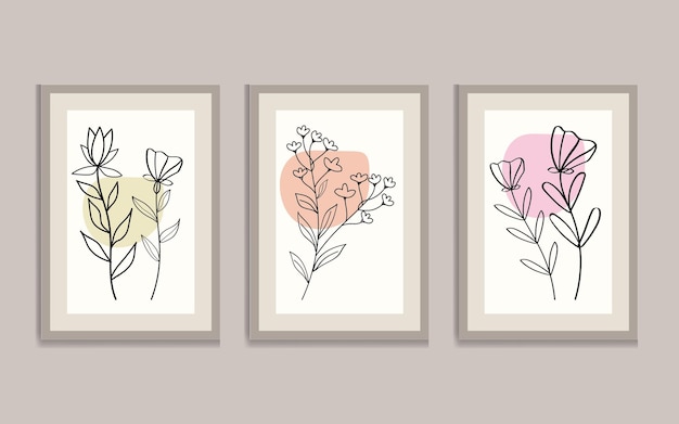 Ilustración de arte de pared colorida de diseño plano. Arte de pared de flores botánicas, arte de línea, vector minimalista.