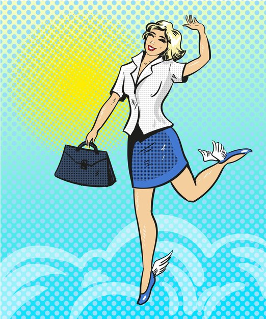 Ilustración de arte pop vectorial de una mujer de negocios feliz