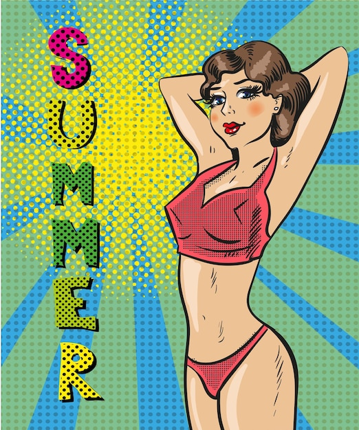 Ilustración de arte pop vectorial de una mujer en traje de baño