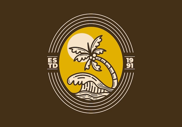 Ilustración de arte retro de olas de playa y cocotero