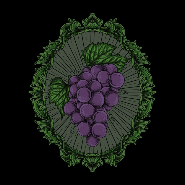 Ilustración de arte y uva en adorno grabado