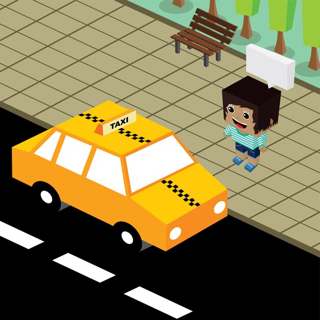 Ilustración de arte de vector de taxi de dibujos animados tema isométrico