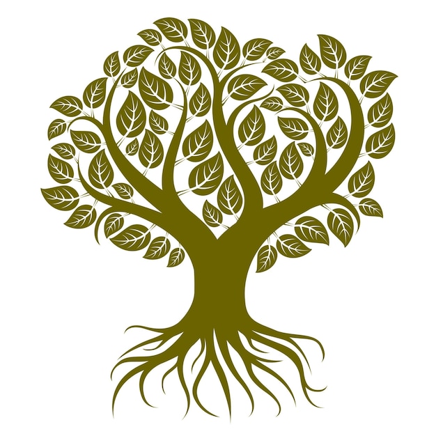 Ilustración de arte vectorial de árbol ramificado con fuertes raíces. imagen simbólica del árbol de la vida, tema de conservación de la ecología.