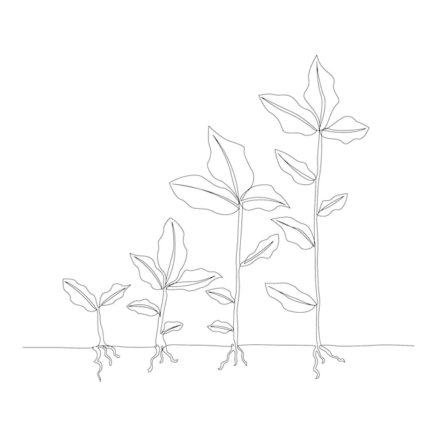 Ilustración de arte vectorial continua de un dibujo de una línea del progreso del crecimiento de las plantas