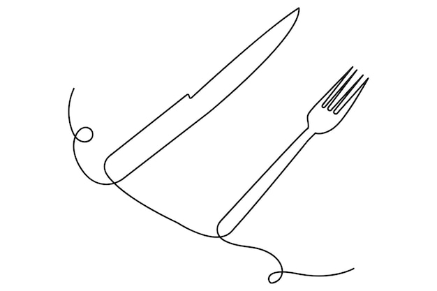 Ilustración de arte vectorial de contorno de cuchillo y tenedor de una línea continua