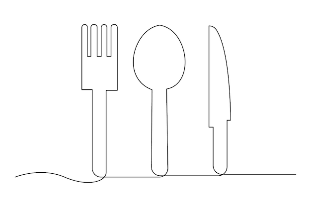 Ilustración de arte vectorial de contorno de cuchillo y tenedor de una línea continua