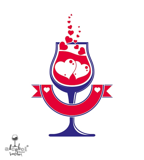 Ilustración de arte vectorial de copa de vino simple con dos corazones amorosos. Objeto de diseño gráfico con tema de alcohol: copa estilizada con cinta ondulada.