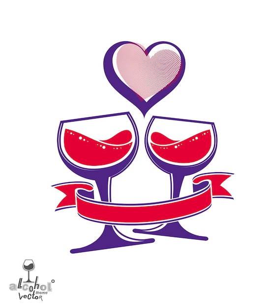 Ilustración de arte vectorial de dos copas de vino simples con corazones amorosos. Objeto de diseño gráfico del tema de la boda: copa estilizada con cinta ondulada.