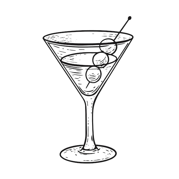 Ilustración de arte vectorial de estilo de grabado de cóctel martini de color negro dibujado a mano.