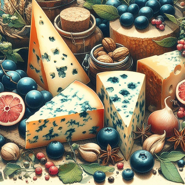 Ilustración de arte vectorial hiperrealista colorida comida sabrosa todavía retrato de queso gorgonzola italiano