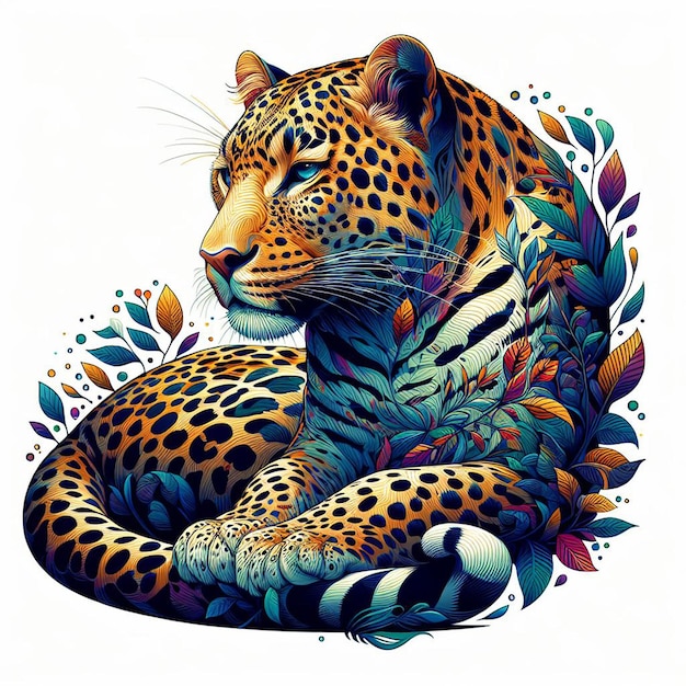 Ilustración de arte vectorial hiperrealista colorido del leopardo africano retrato aislado de fondo blanco