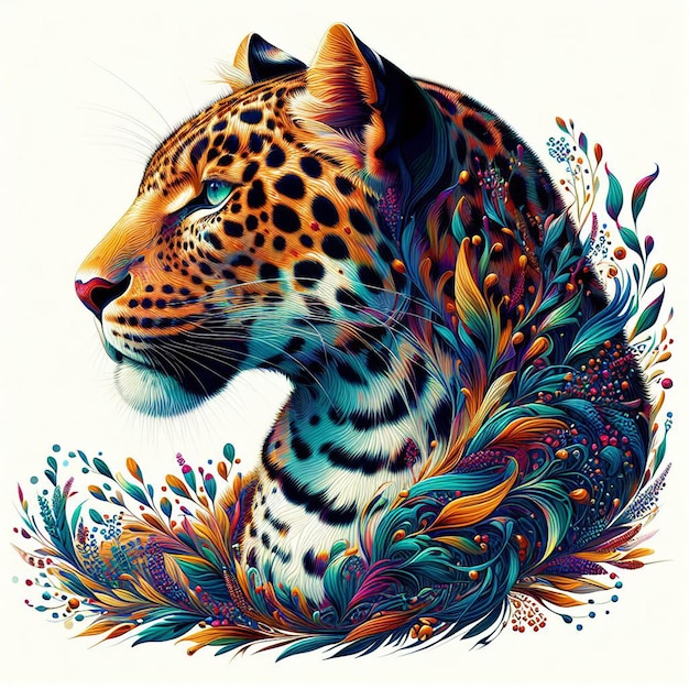 Vector ilustración de arte vectorial hiperrealista colorido del leopardo africano retrato aislado de fondo blanco