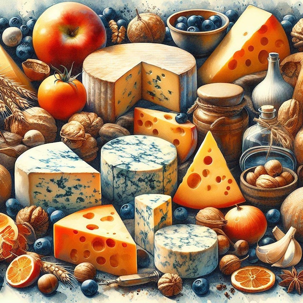 Ilustración de arte vectorial hiperrealista colorido patrón de comida sabrosa cartel de queso gorgonzola italiano