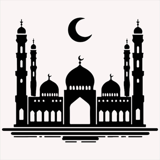 Ilustración de arte vectorial mínima de la mezquita silueta en fondo blanco y negro