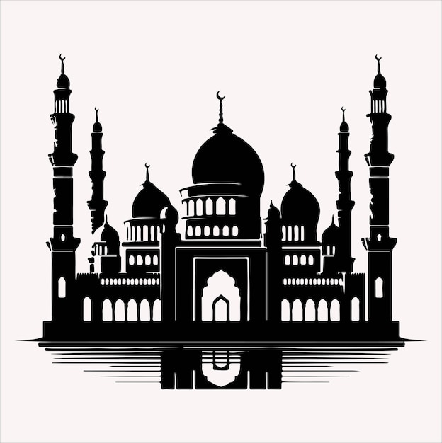 Ilustración de arte vectorial mínima de la mezquita silueta en fondo blanco y negro