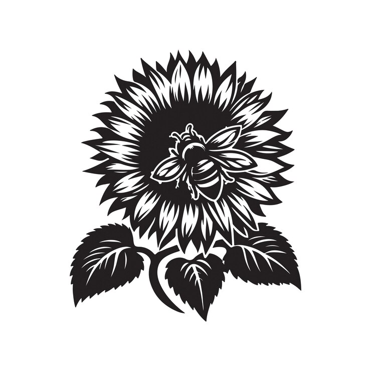 Ilustración de arte vectorial de silueta de girasol y abeja
