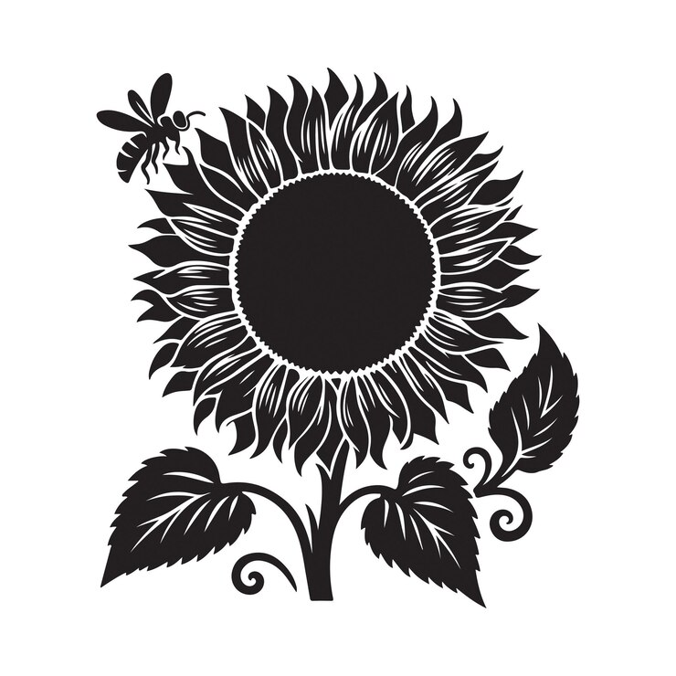 Ilustración de arte vectorial de silueta de girasol y abeja