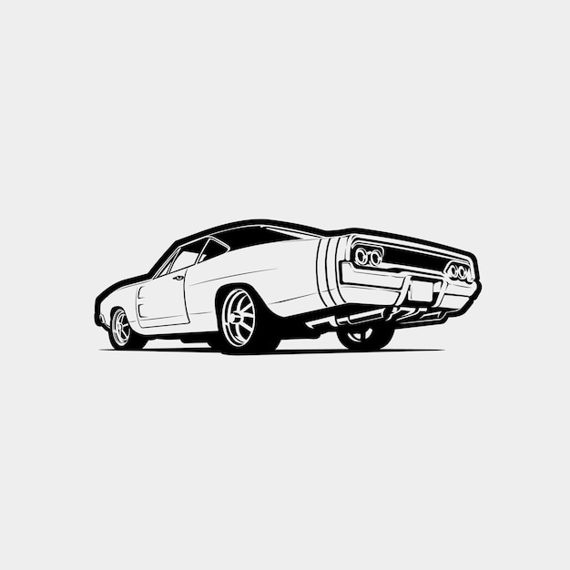 Ilustración de arte vectorial de vista trasera de automóviles musculares estadounidenses Color de silueta monocromática