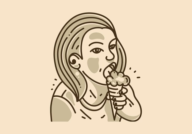 Ilustración de arte vintage de niña comiendo helado