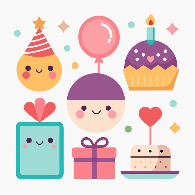 Ilustración de artículos de cumpleaños de dibujos animados como un sombrero de pastel de regalo y globos