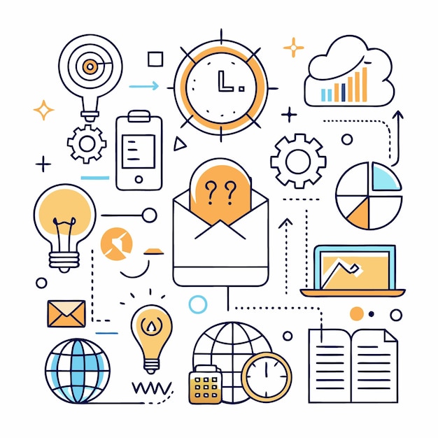 Ilustración artística abstracta de un concepto de negocio con íconos de ideas de comunicación, tiempo, crecimiento, tecnología y estrategia.