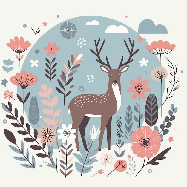Ilustración artística de un ciervo rodeado de elementos de la naturaleza como flores y plantas