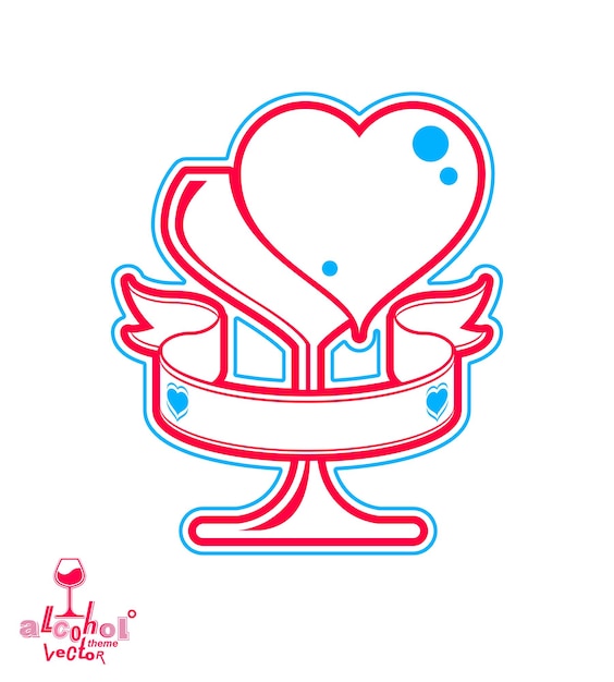 Vector ilustración artística de copa de vino con dos corazones amorosos rojos. objeto de tema de alcohol: copa estilizada con cinta decorativa, mejor para usar en diseño gráfico y publicidad.