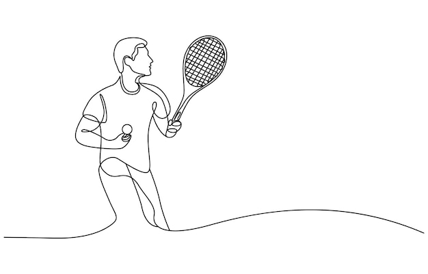 Ilustración artística de dibujo de una línea de un jugador de tenis Línea continua de un jugador que golpea la pelota