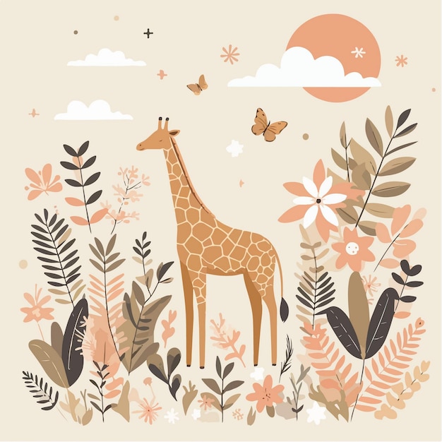 Ilustración artística de una jirafa rodeada de elementos de la naturaleza como flores y plantas
