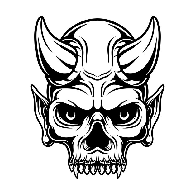 Vector ilustración artística de línea dibujada a mano del logotipo de la cabeza del cráneo del diablo