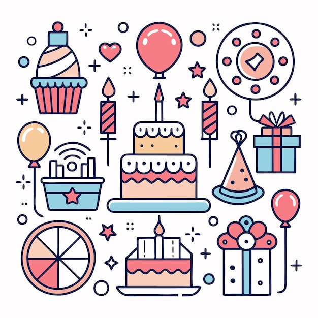 Ilustración artística de línea de fiesta de cumpleaños colorida con velas, pasteles, globos, regalos y confeti