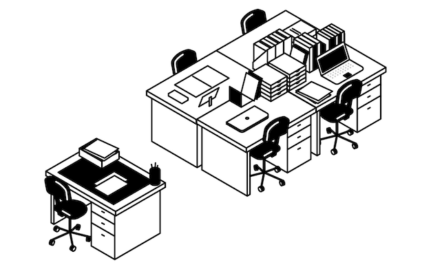 Ilustración artística de línea isométrica simple y linda de una oficina con una fila de escritorios
