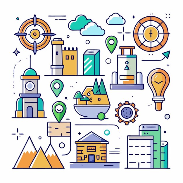 Ilustración artística del paisaje urbano y la naturaleza con montañas, edificios, torre del reloj y una bombilla