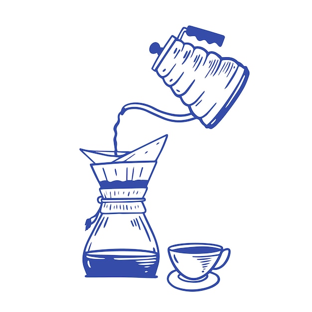 Una ilustración artística que representa el proceso de elaboración del café con una tetera