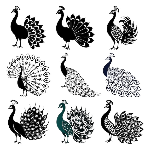Ilustración artística de silueta de pavo real con plumas decorativas de la cola