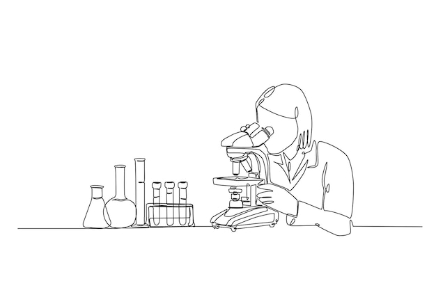 Ilustración artística de una sola línea de un científico trabajando con microscopio y equipos de laboratorio
