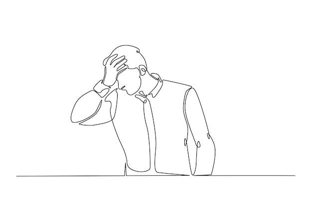 Ilustración artística de una sola línea de un hombre en depresión, dolor de cabeza estresado y desesperación