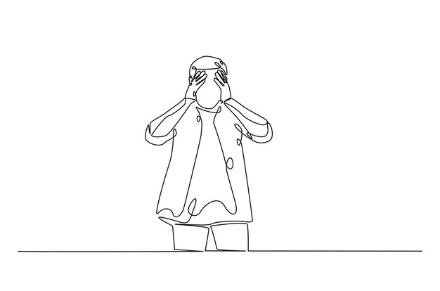 Ilustración artística de una sola línea de un hombre en depresión, dolor de cabeza estresado y desesperación