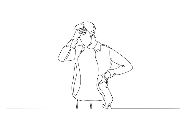 Ilustración artística de una sola línea de un hombre en depresión, dolor de cabeza estresado y desesperación