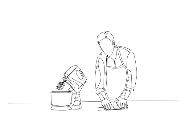 Ilustración artística de una sola línea de un trabajador de panadería con mezclador eléctrico