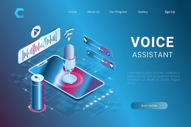 Ilustración de asistente de voz y reconocimiento de voz, sistema de control de comando en estilo isométrico 3d