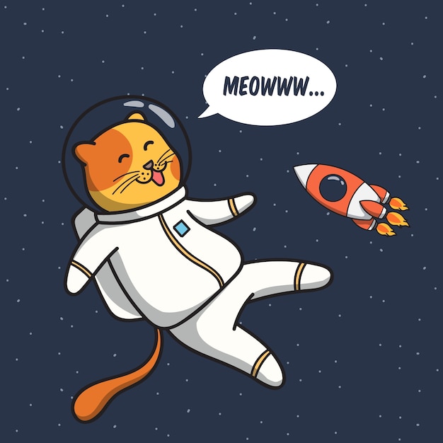 Ilustración de astronauta de gato divertido flotando en el espacio