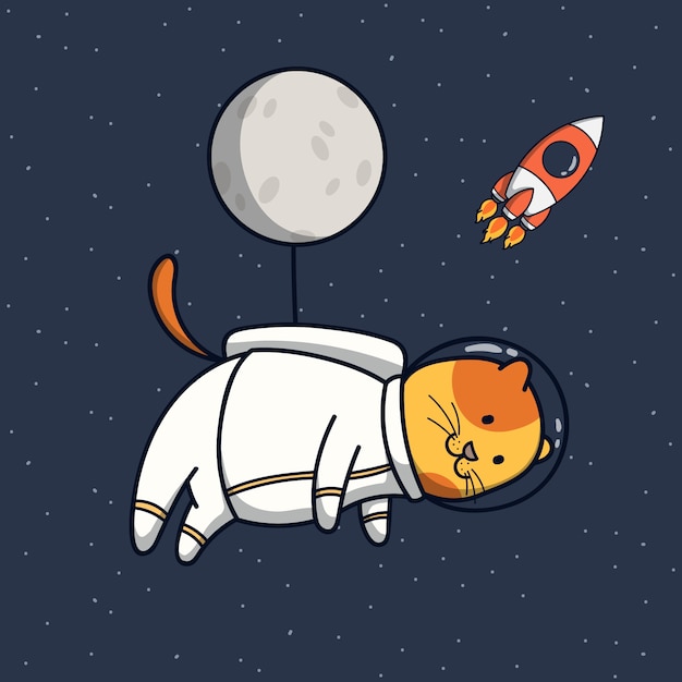 Vector ilustración de astronauta de gato divertido con globo de luna