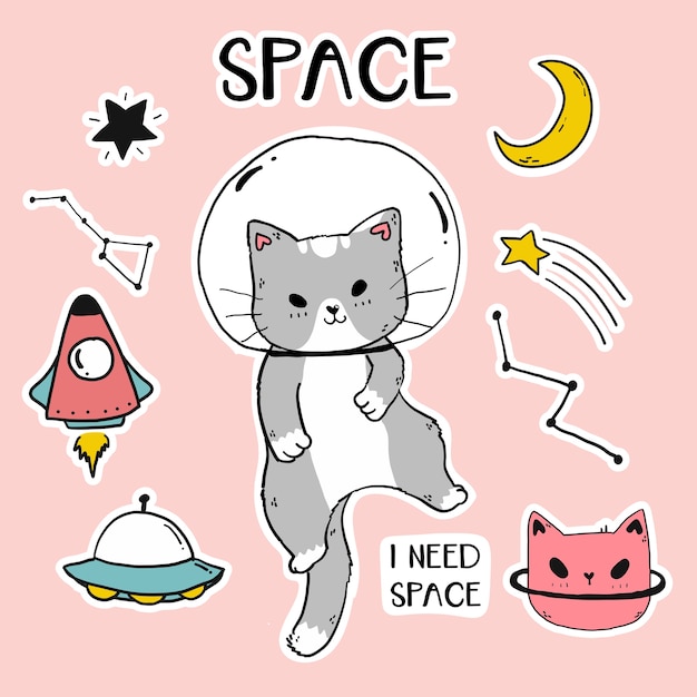 Ilustración de astronauta lindo gato feliz