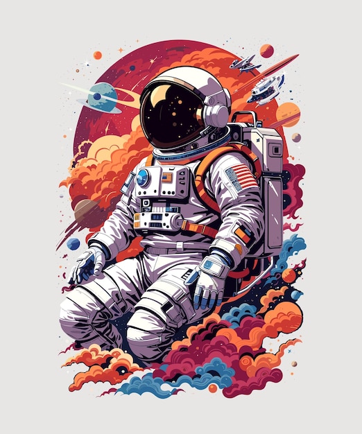 Ilustración de un astronauta en las nubes con colores.