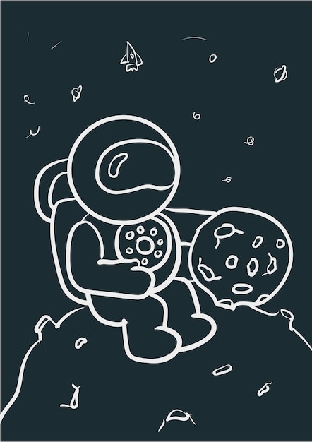 Ilustracion de astronauta sentado en una roca espacial dibujado a mano