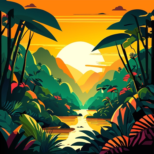 Vector ilustración de un atardecer en un bosque tropical