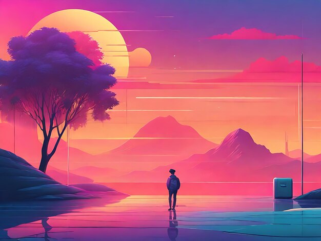 Ilustración del atardecer de Synhwave Art Retro