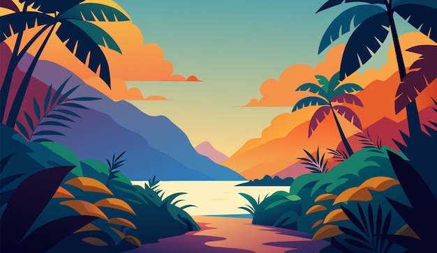 Vector ilustración del atardecer de verano palmeras y tranquilidad montañosa